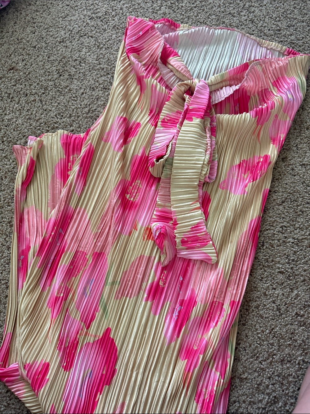 Pleated Floral Maxi Dress in Pink and Cream